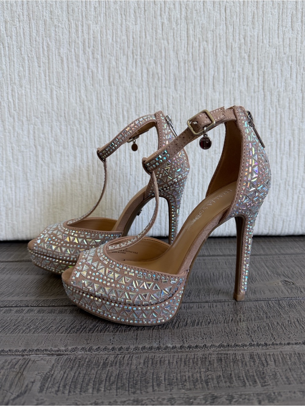 Embellished Taupe T-Strap Platform Heels - Women's